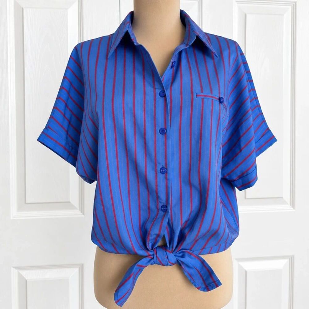 FRNCH Paris Women’s Blue Red Striped Button Down Tie Front Blouse Size S NWOT